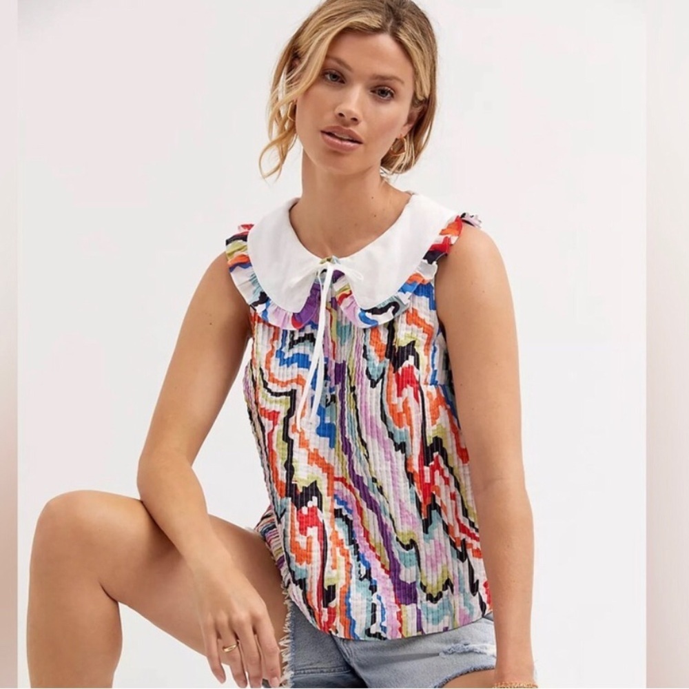 Maeve Anthropologie Colorful Pintucked Blouse Size 4P Peter Pan Collar Twee Cute